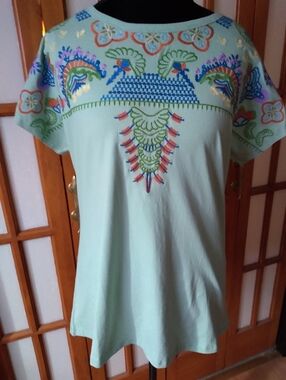 New Womens Teal Embroidered Short Sleeve Blouse T Shirt Tunic Sz. L By Coruja